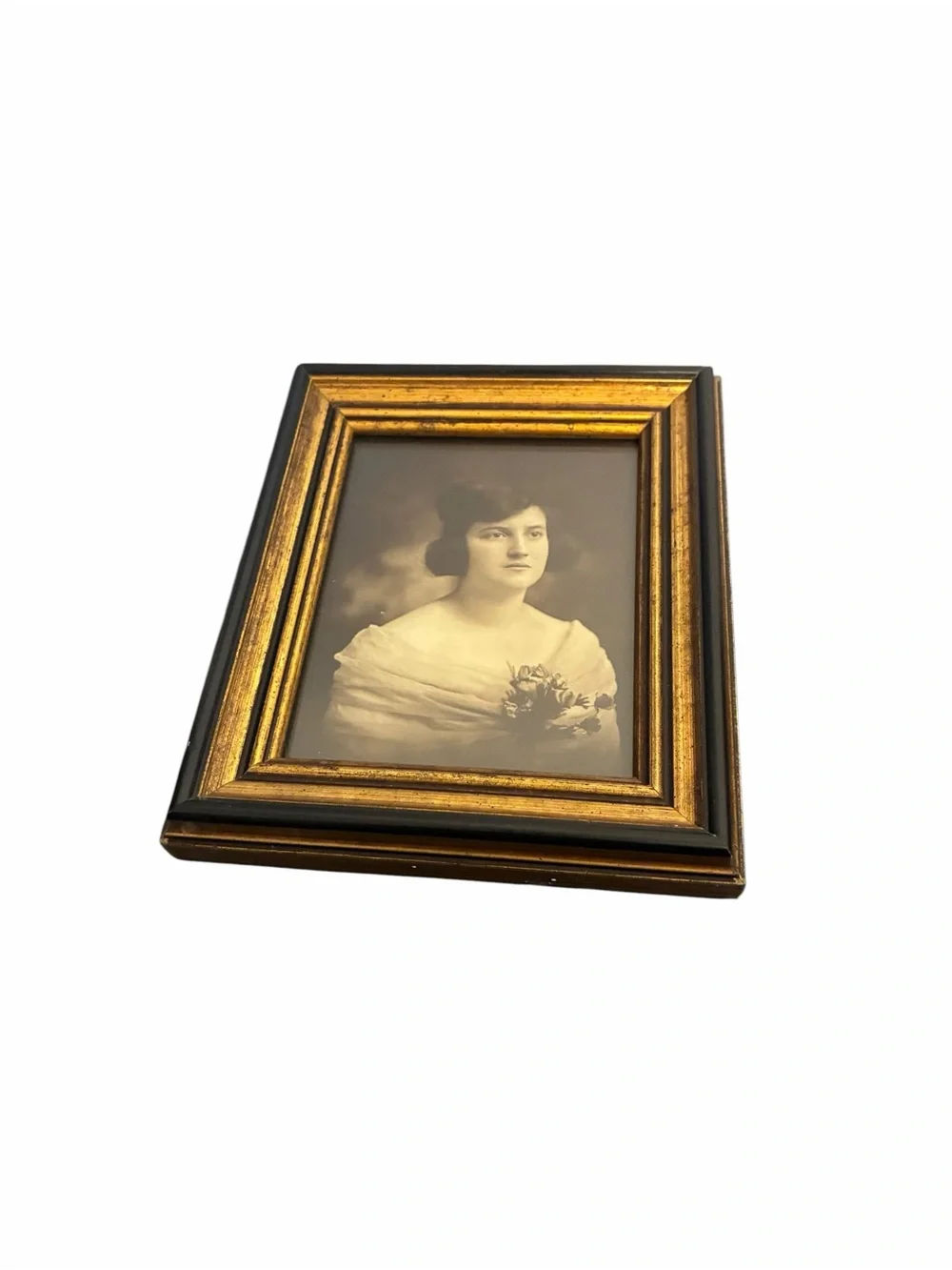 Vintage Ornate Black and Gold Framed Portrait of a Woman Sepia Wall Art